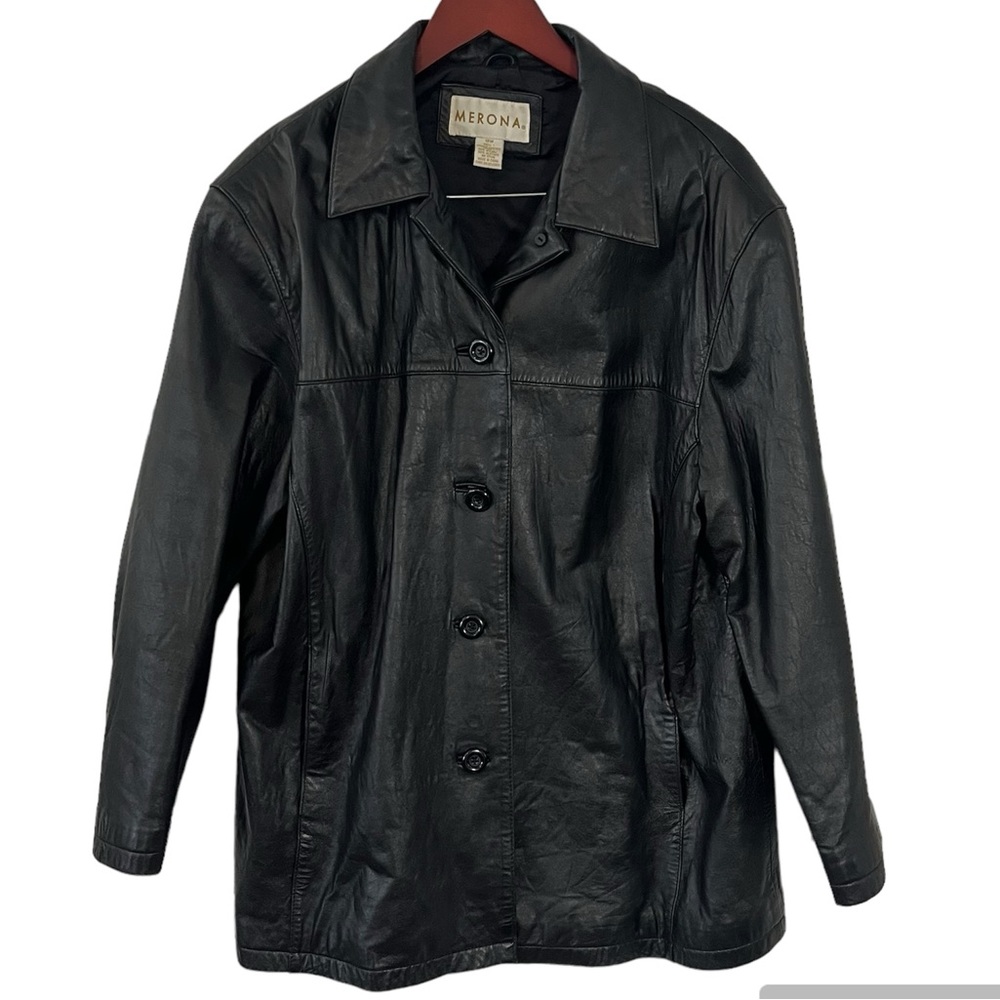 Merona Black Leather Coat, SZ 18W, five buttons, soft leather.